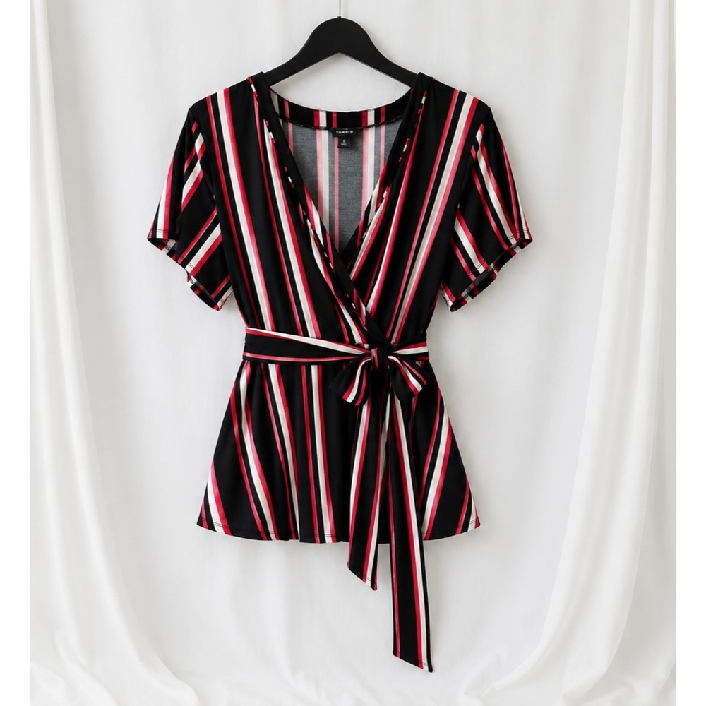 Torrid Wrap Top Surplice V-Neck Tie Belt 3 Plus Size 3X Pink White Black Stripe